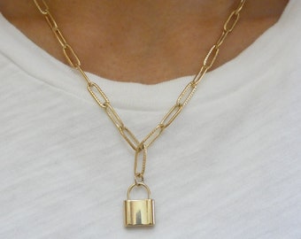 Padlock Necklace, Lock Necklace, Gold Lock Necklace, Paperclip Necklace, Layering Necklace, Gift for Her