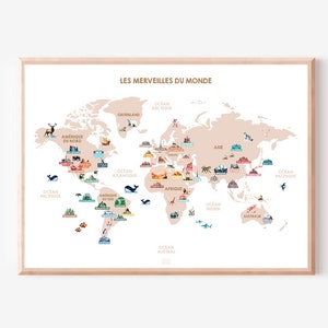 Carte du monde enfant (merveilles du monde), carte de chambre d'enfant, affiche éducative, décoration murale, Montessori (À TÉLÉCHARGER)