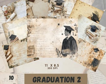 May include: A set of 10 digital papers featuring a vintage, aged, and textured background with graduation themes. The papers include images of books, caps, and stars. The papers are 11 x 8.5 inches and 300 DPI.  The papers are titled "Graduation 2".