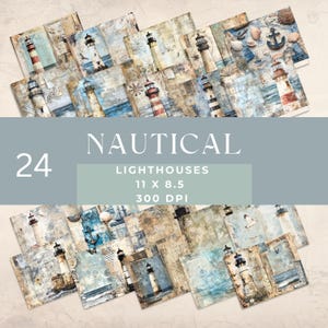 May include: A collection of 24 nautical-themed papers featuring lighthouse illustrations, seashells, and anchors. The papers are 11 x 8.5 inches in size and have a 300 DPI resolution. The word "NAUTICAL" is displayed in large text.