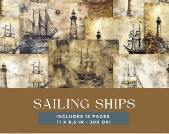 Digital Scrapbooking Papers, Sailing Ships, Victorian Lighthouse, Vintage Nautical DIY