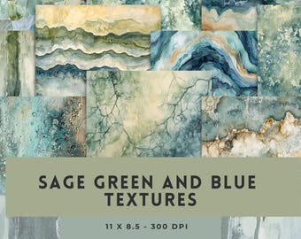 Papel digital estilo cottagecore para álbumes de recortes: texturas verde salvia y azul, descarga instantánea.