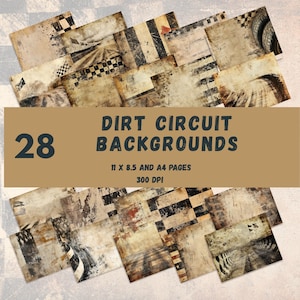 May include: 28 digital backgrounds featuring a dirt race track theme. The backgrounds are in various shades of brown, black, and white with a grunge texture. The backgrounds are 11 x 8.5 inches and 300 DPI.