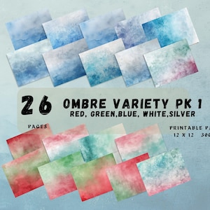 Puede incluir: Imagen de 26 papeles imprimibles de estilo ombre en rojo, verde, azul, blanco y plateado. Cada papel mide 30,48 cm x 30,48 cm y tiene una resolución de 300 DPI. Efecto acuarela.