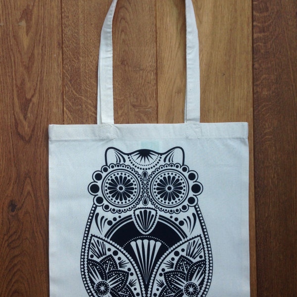 CLEARANCE SALE Up To 90% Off *** Sugar Owl Hand Screen Printed Natural Tote Bag With Black Print ***
