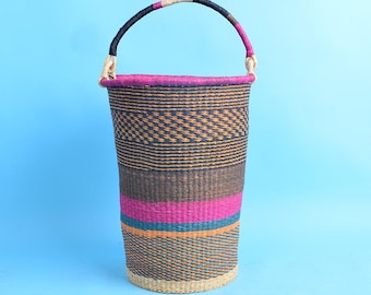 Straw bucket art basket with single handle| Handwoven African art storage organizer