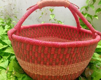 Handwoven Bolga storage basket| camp storage basket| gathering basket| colorful straw basket| eco-friendly market basket| farmer market bag