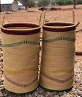 Tall laundry basket without lid| straw clothes organizer with handle| handwoven wicker bin product logo