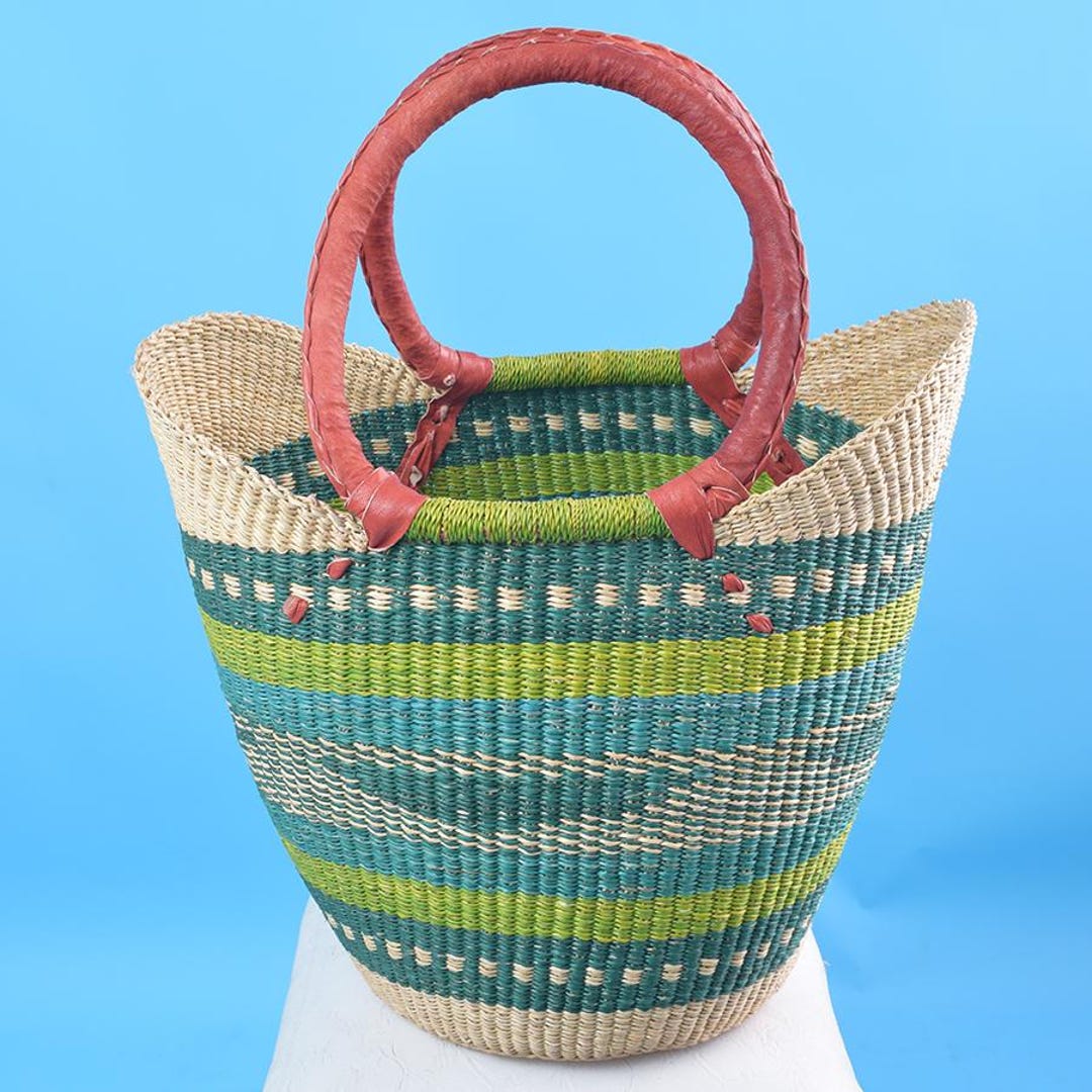 Basic Bolga Farmer's Market Shopper Basket With Black Leather Handles