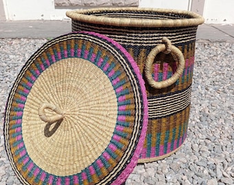 Cesta de almacenamiento grande/ cesta de almacenamiento de tela/ cesta de lavandería/ cesta de lavandería tejida a mano con tapa/ cesta de paja con tapa/ tina tejida grande