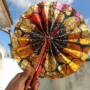 Ankara fabric hand fan| fabric Foldable fan| Africa print hand fan| hand fan folding| colorful decor fan| hand fan with leather handle -AF32
