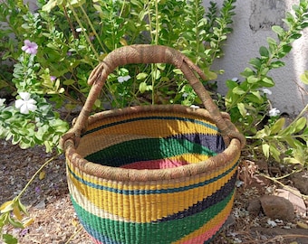 Handwoven large farmer market shopper| Bolga round storage basket