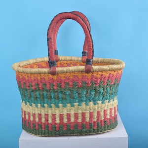 Cesta de compras ovalada tejida a mano/cesta de almacenamiento Bolga/cesta de compras de comestibles/cesta de camping/cesta organizadora del hogar/cesta de almacenamiento para niños