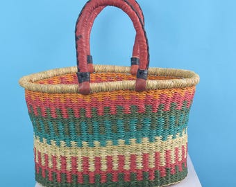 Straw oval basket for shopping| natural groceries shopper