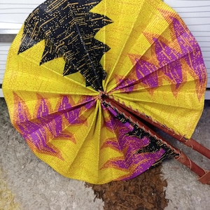 Ankara fabric hand fan| fabric Foldable fan| Africa print hand fan| hand fan folding| colorful decor fan| hand fan with leather handle -AF12