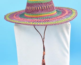 Handmade straw summer hat with adjustable strap
