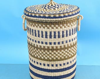 Straw hamper with lid| Bolga woven tub| handwoven laundry basket with lid| large storage basket| straw cloth basket| tall floor basket