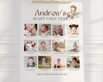 Cartel de cumpleaños, plantilla imprimible para póster del primer año del bebé, tablero de hitos del primer cumpleaños del bebé, collage de fotos del primer cumpleaños de Beary