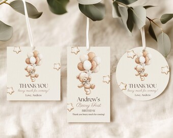 Bear Favour Tags, Birthday Thank You Tags, Beary 1st Birthday Favor Tag Beige Boho Gift Tag, Editable Birthday Tag, Printable Gift Tag Bear