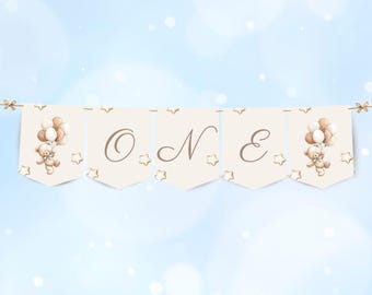 Beary First Birthday High Chair Banner, Editable Canva Template (Digital Download)