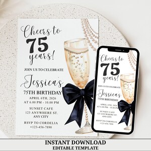 Inbjudan till 75-årsdagen, champagneinbjudan till 75-årsdagen, sjuttiofem årsdagen, födelsedagsinbjudan med svarta rosettpärlor, utskrivbar och digital