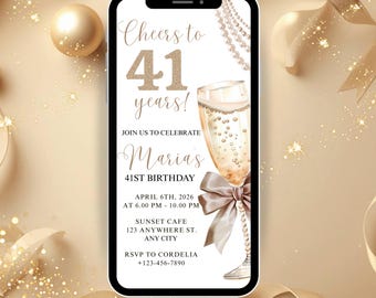 41st Birthday Invitation Template, Cheers to 41 years Invitation, 41st Birthday Digital Invitation, Champagne and Pearls