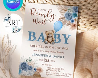 Può includere: Invito per baby shower con orsetto, palloncino blu e decorazioni floreali. Il testo recita "We Can Bearly Wait BABY" e include i dettagli dell'evento per Jennifer & Daniel.