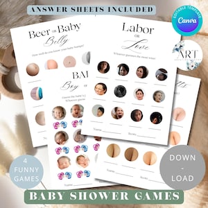 May include: Four printable baby shower games on white paper. Games include "Beer or Baby Belly", "Labor or Love", and "Bai or Boy". The games have illustrations and text. The words "Answer Sheets Included" and "Baby Shower Games" are also visible.