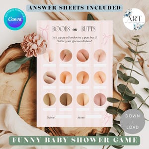 May include: A pink baby shower game card with the text "BOOBS OR BUTTS". The game features a grid of images and prompts to guess if they are boobs or butts. The words "ANSWER SHEETS INCLUDED" and "FUNNY BABY SHOWER GAME" are also visible.
