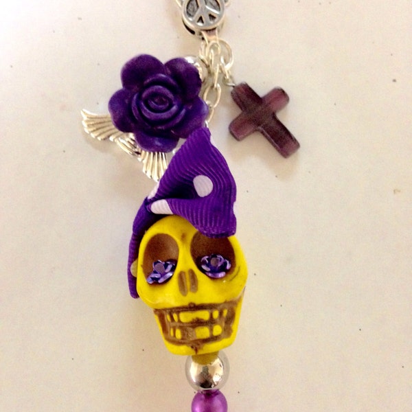 Rockabilly Lolita Giant Skull Day of the Dead Key Hook Ring with Purple Accents