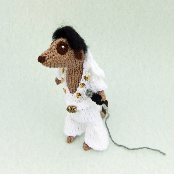 Elvis Presley Meerkat, handknitted in 70s style, white sparkly jumpsuit, musical meercat, musician, singer rockstar