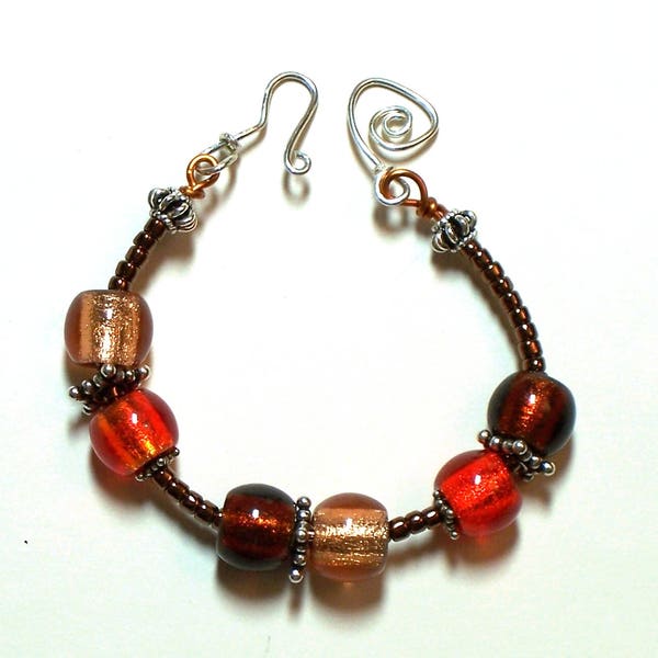 Orange/Brown/Peach Foil Cased Glass, Asymmetric Copper Wire Bangle Bracelet with Sterling Silver Hook Clasp B-561