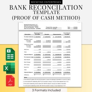 Może przedstawiać: Szablon uzgadniania salda bankowego z tekstem "BEEWYND ENTERPRISES BANK RECONCILIATION TEMPLATE (PROOF OF CASH METHOD)". Zawiera dane finansowe, ikonę Excel, ikonę PDF i tekst "3 Formats Included".