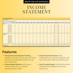 May include: A yellow and white income statement template for tracking business finances. The template includes sections for revenue, expenses, and net income. It also includes columns for each month of the year, as well as a year-to-date total. The template is customizable, allowing users to add or remove rows to fit their specific needs.
