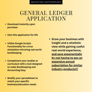 May include: A yellow and white graphic with the text "BEEWYND ENTERPRISES" at the top and "GENERAL LEDGER APPLICATION" in a larger font below. The text describes the benefits of using the application, including instant download, lifetime access, and the ability to grow your business with real-world experience.