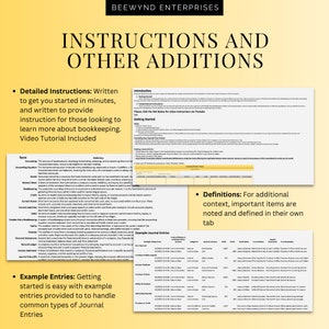 May include: A yellow and white document with the title "Instructions and Other Additions" for bookkeeping. The document includes a table of terms and definitions, a section on example journal entries, and a section on getting started with bookkeeping.
