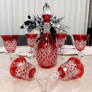 Hand Cut Bohemia Crystal Goblet & Jug Set - Red Accent Set of 7