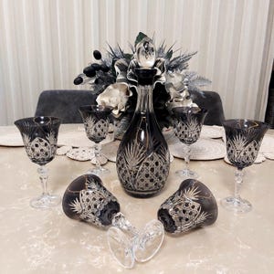 Hand Cut Bohemia Crystal Goblet and Jug Set - Smoked Glass Set of 7