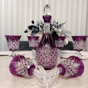 Hand Cut Bohemia Crystal Goblet and Jug Set: Fuchsia Bohemian Glass Set of 7