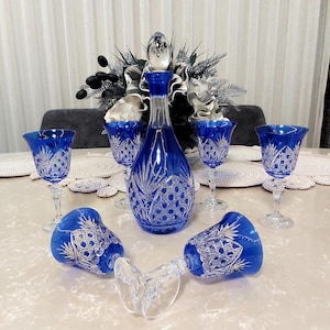 Hand Cut Bohemia Crystal Goblet & Jug Set - Blue Accent - 7 Piece