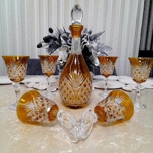 Hand Cut Amber Crystal Goblet & Jug Set: Bohemia Glass Set of 7