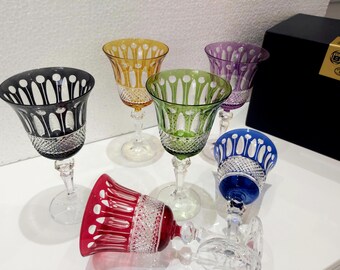 チェコ製高級ボヘミアクリスタルグラス5個セット（カラフルデザイン）