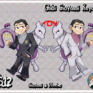 May include: A purple and white Pokemon keychain featuring a chibi Giovanni character with a black suit and a purple Mewtwo Pokemon. The keychain is £12 and says "Chibi Giovanni Keychain" and "Giovanni & Mewtwo".