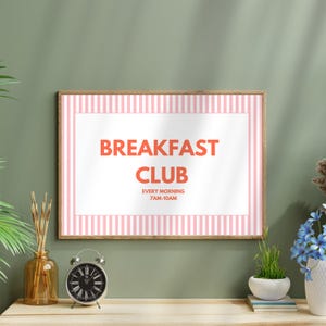 Breakfast Club Print, Pink Stripe, Aesthetic Retro Dinning Room Wall Art, Cute Kitchen Quote in Red, Printable Horizontal Breakfast Poster
