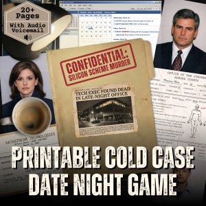Jeu imprimable meurtre et énigme pour couple - Cold Case File Date Night - « The Silicon Scheme » (2001) - Détective True Crime PDF