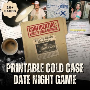 Jeu d'enquête sur le meurtre et mystère à imprimer - Soirée de rendez-vous avec affaire classée pour couples - « Rosies Diner Murder » - Détective True Crime PDF