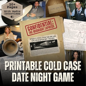Juego de misterio de asesinato sin resolver: juego imprimible de detective de trenes para una cita en pareja con entrevistas de audio. Descarga instantánea.