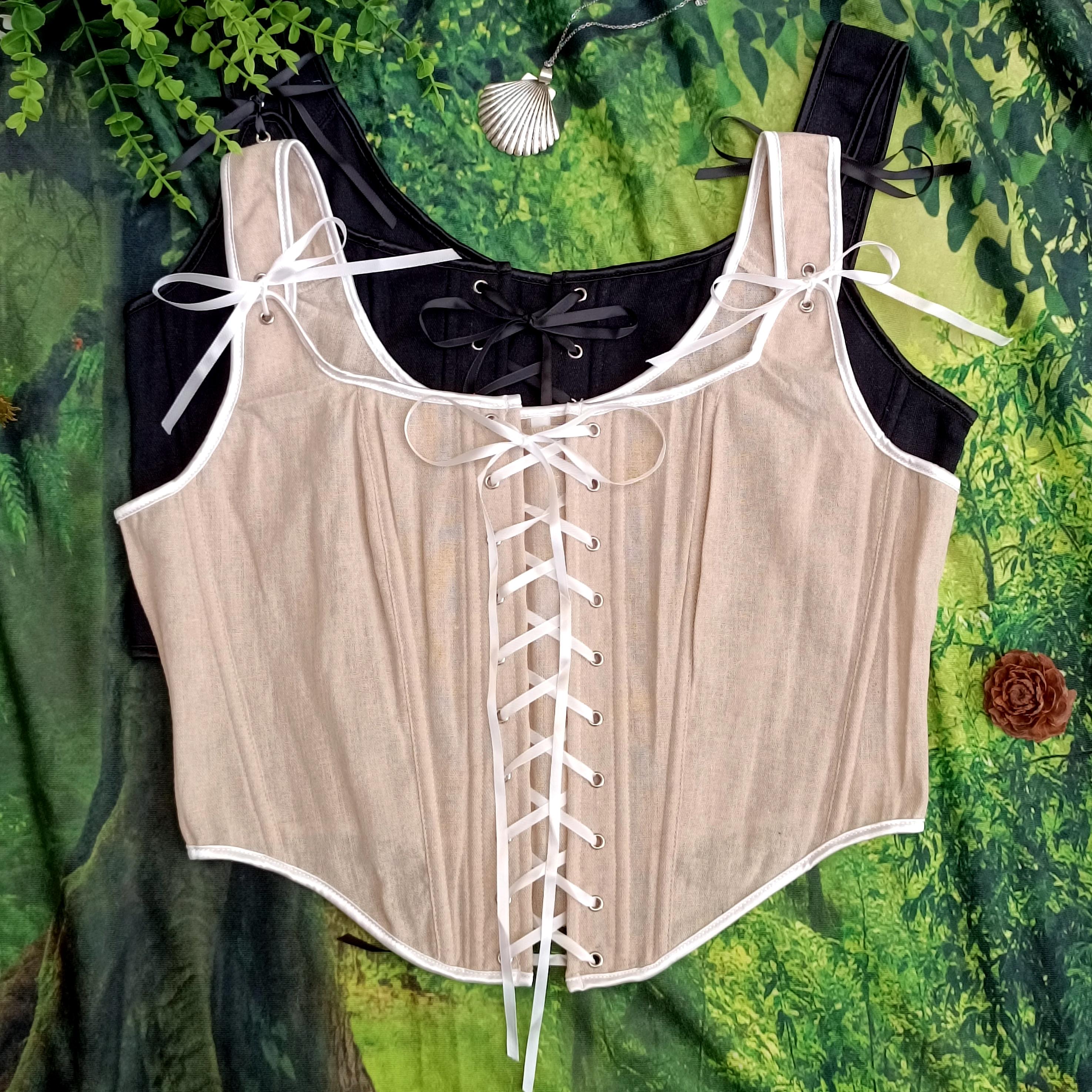 Linen Renaissance Corset Top, Front Lacing up Upperbust Corset, Custom Large Size Bodice, Black Medieval Corset, Beige Ren Fair Corset