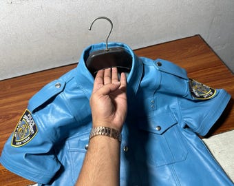 ブルーシープレザーシャツ メンズ 本革 バイカーシャツ スリムフィットシャツ 男性用ギフト - NYPD パッチ付きポリスレザーユニフォームレザーシャツ