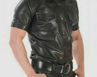 Men's Real Cow Soft Leather Police Uniform Style Black Shirt with Color Piping